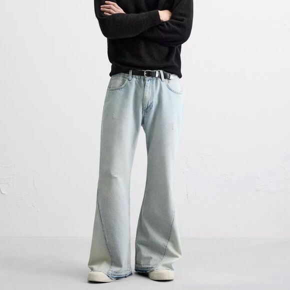 Zara Men's Blue Super Flared Jeans Five Pockets Washed Effect Size US 31 NWOT - Picture 1 of 14